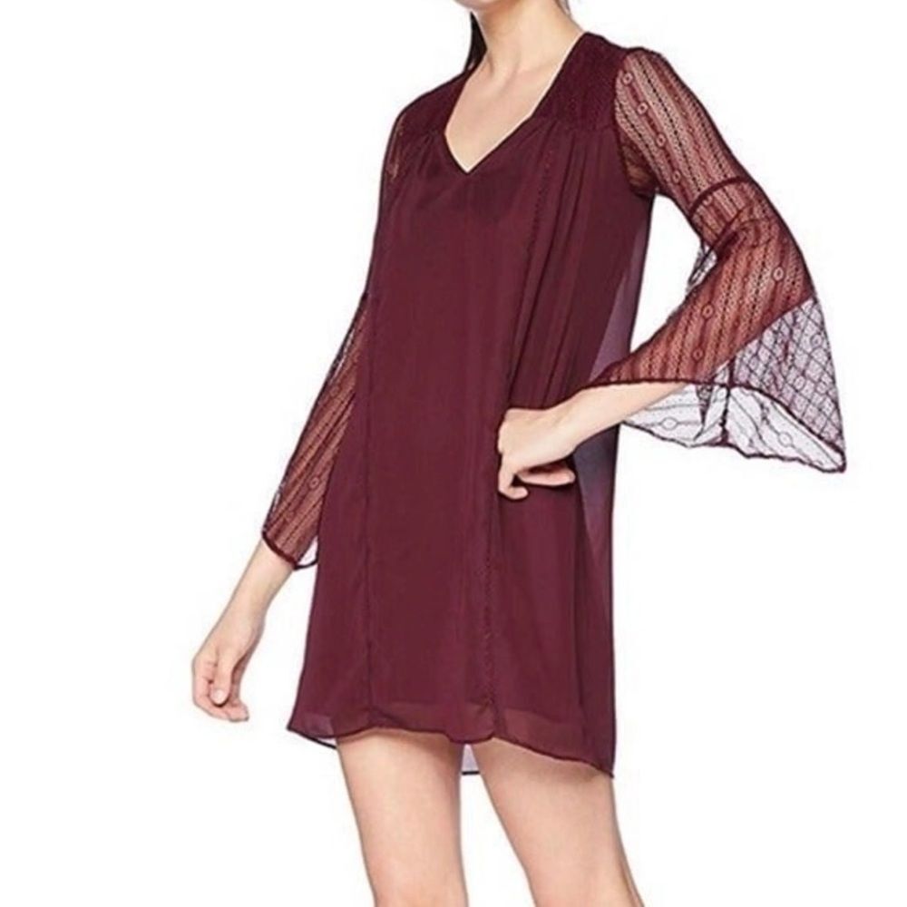 AVEC LES FILLES Women Burgundy Lace Bell Sleeve V Neck Mini Party Shift Dress 12